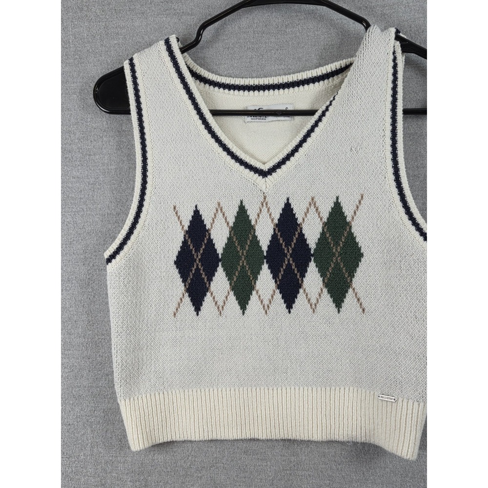 Hollister Crop Sweater Vest S Argyle Print Vintage Y2K Academia Clueless Preppy